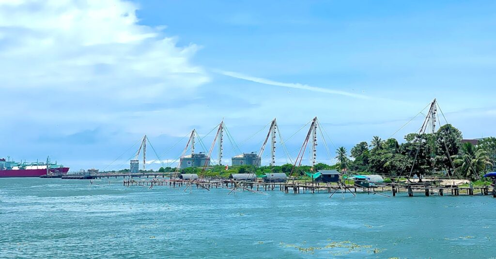 A view of a harbor with boats and a dock